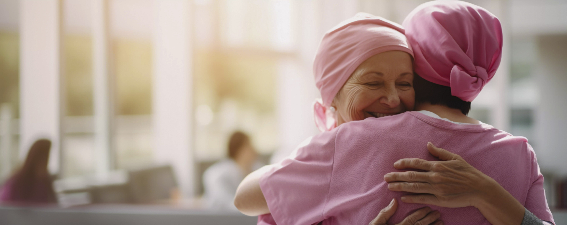 Two women in pink headscarves embracing in support